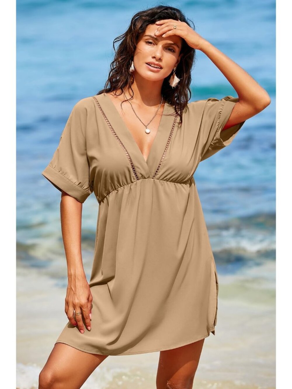 Women's Khaki Hollow Out V Neck Short Sleeve Bathing Suit Bikini Beach Cover Ups - Picture 3 of 6